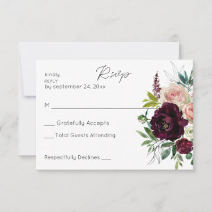 Cartão RSVP Borgonha e Rosa claro Blush Floral sem Refeição