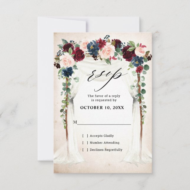 Cartão RSVP Borgonha Flores Arco dossel de casamento Naval (Frente)