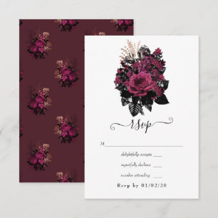 Cartão RSVP Borgonha - Marsala e Casamento Floral Dourado Rosa
