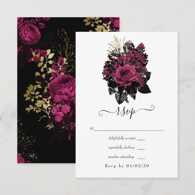 Cartão RSVP Borgonha - Marsala e Dourado Casamento Floral (Frente/Verso)