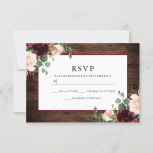 Cartão RSVP Borgonha rústica lindo floresce o casamento
