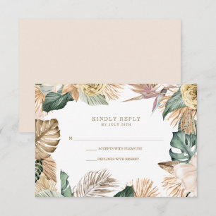 Cartão RSVP Botânica Floral Tropical Dourado Rosa Casamento