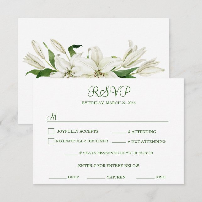 Cartão RSVP Botânica Moderna | White Lily Wedding (Frente/Verso)