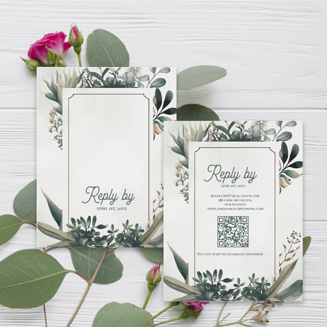 Cartão RSVP Botanical Sage Green QR Code Greenery Wedding (Elegant Botanical Greenery Wedding RSVP Card with QR Code | Sage Green Garden Wedding Response)