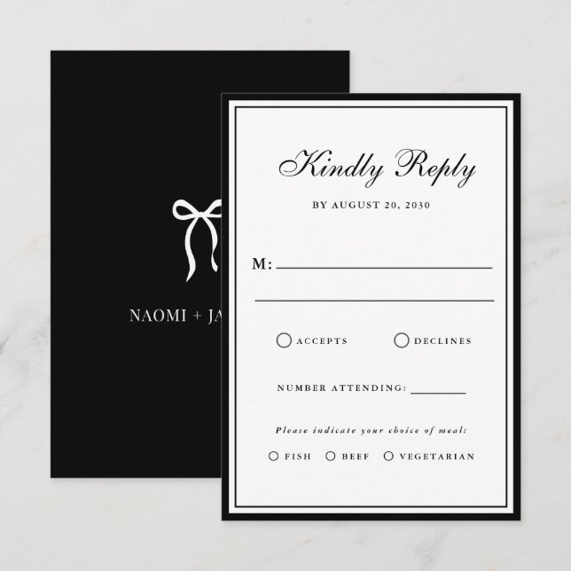 Cartão RSVP Bow Classic Old Money Black & White Wedding (Frente/Verso)