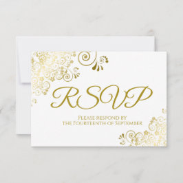 Cartão RSVP Branco com Casamento Amigável de Lace Dourado Eleg
