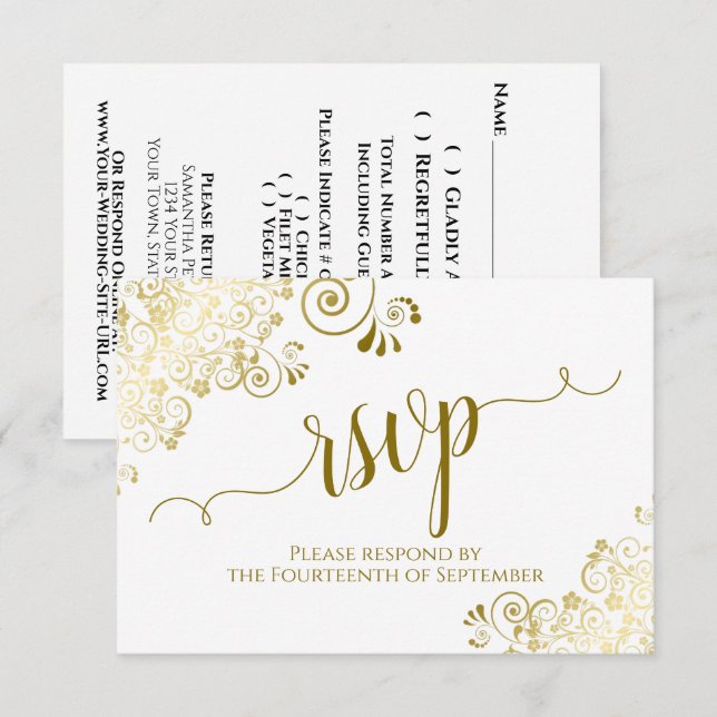 Cartão RSVP Branco com Casamento Elegante de Lace Dourado (Frente/Verso)