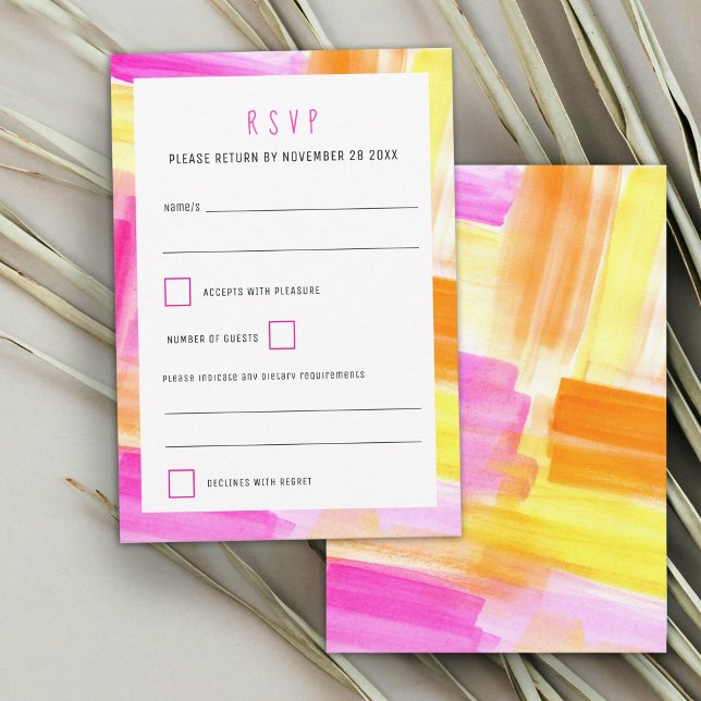 Cartão RSVP Bright abstract art pink yellow wedding (Criador carregado)