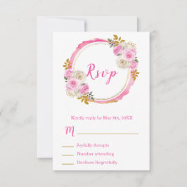 Cartão RSVP Bright Pink and Gold Elegant Flowers Sweet Sixteen