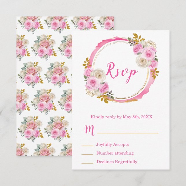 Cartão RSVP Bright Pink and Gold Elegant Flowers Sweet Sixteen (Frente/Verso)
