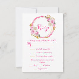 Cartão RSVP Bright Pink and Gold Elegant Flowers Sweet Sixteen