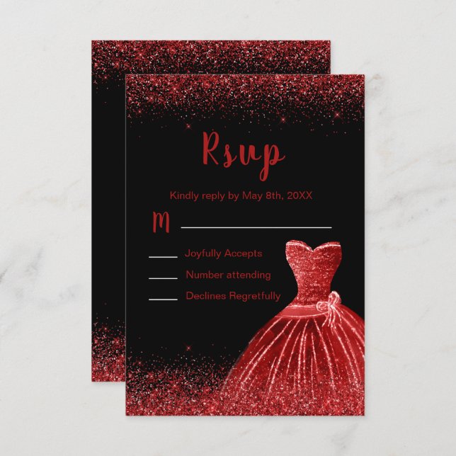 Cartão RSVP Bright Red Dress Faux Glitter Quinceanera (Frente/Verso)