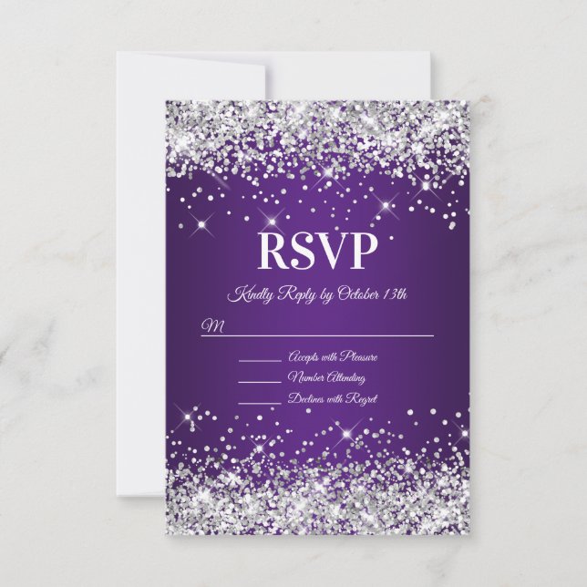 Cartão RSVP Brilho Prateado Glitter Roxo Ombre Real (Frente)