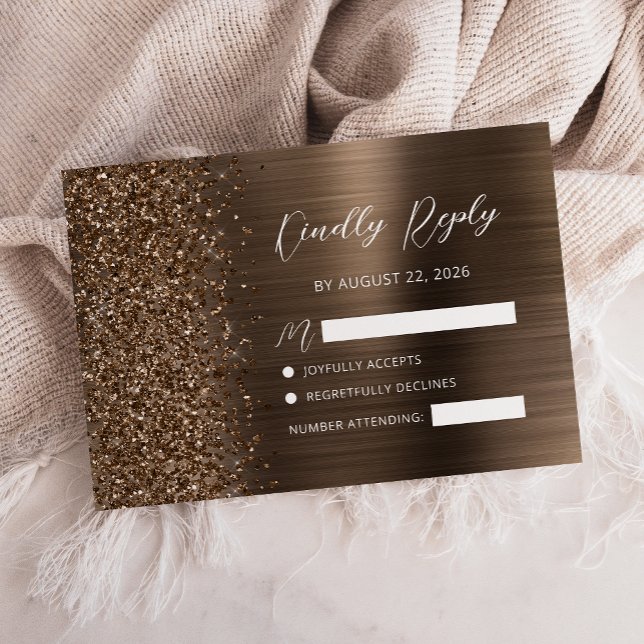 Cartão RSVP Bronze Brushed Metal Glitter Script Wedding (Criador carregado)