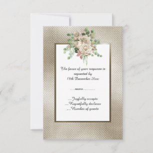 CARTÃO RSVP BRONZE METÁLICO RELEVO FLORAL BRANCO PERSONALIZADO