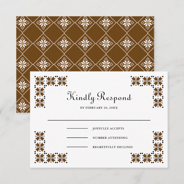 Cartão RSVP Brown and Black Ukrainian Embroidery Wedding (Frente/Verso)