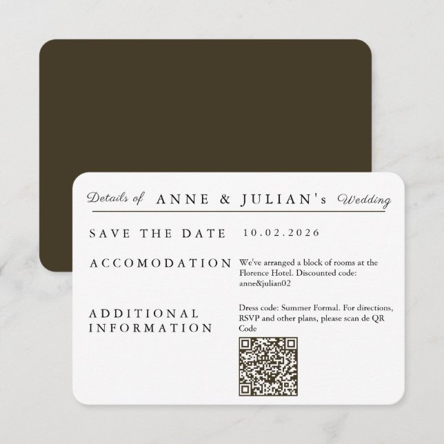 Cartão RSVP Brown Simple Wedding Invitation Details Card (Frente/Verso)