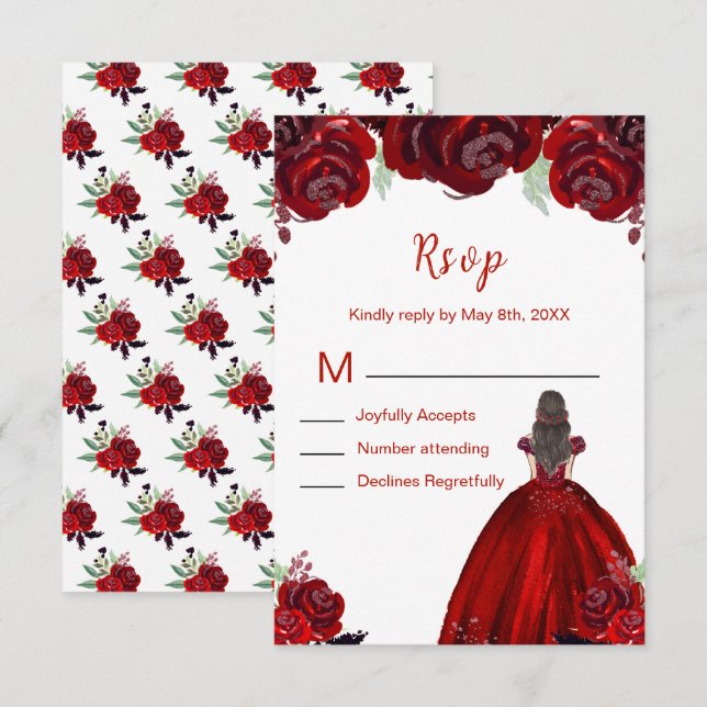 Cartão RSVP Brunette Hair Princess Red Floral Quinceanera (Frente/Verso)