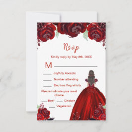 Cartão RSVP Brunette Hair Princess Red Floral Quinceanera