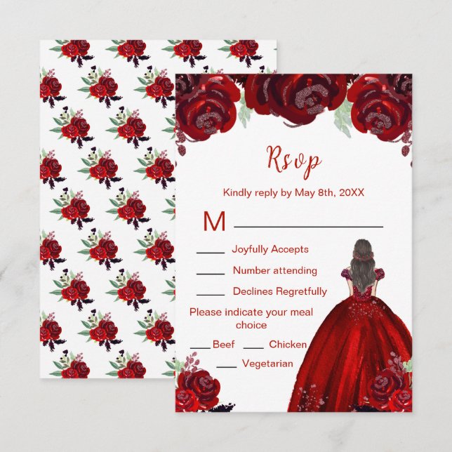 Cartão RSVP Brunette Hair Princess Red Floral Quinceanera (Frente/Verso)