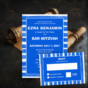 Cartão RSVP Brushstrokes Gira Bar Personalizado Azul Bat Mitzv
