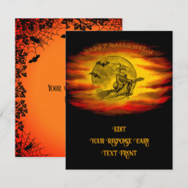 Cartão RSVP bruxa voadora com gato preto, noite de halloween