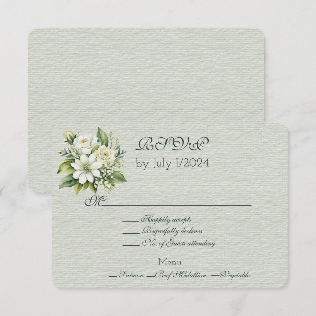 Cartão RSVP Buquê de Casamento Floral Branco Verde (Frente/Verso)