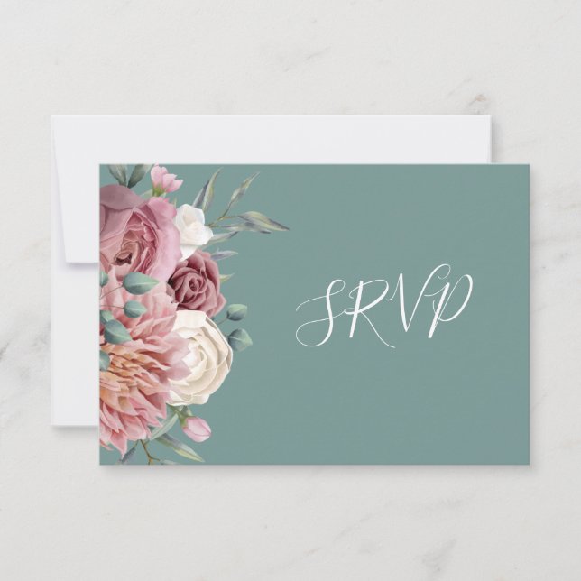 Cartão RSVP Buquê de Flores de Aquarela em Verde Sálvia Rústic (Frente)