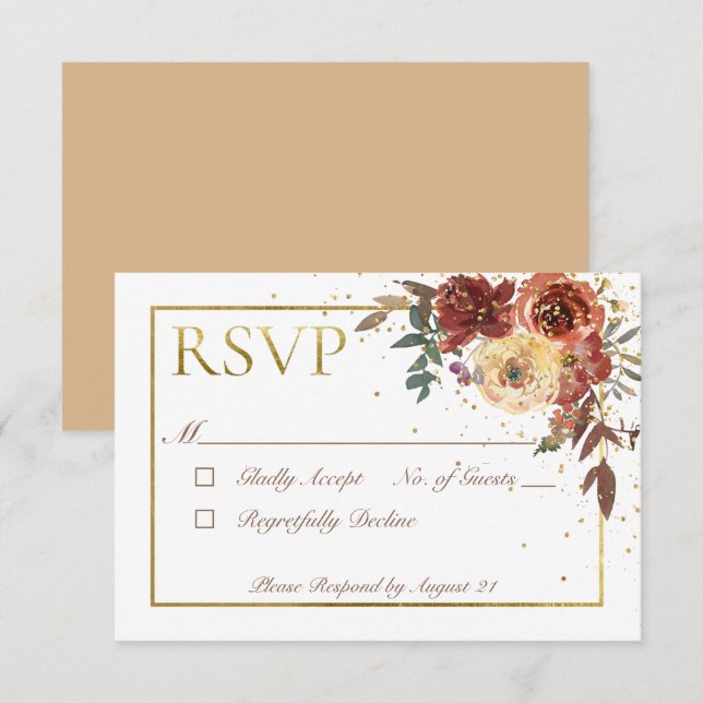 Cartão RSVP Buquê Floral de Queda com Dourado (Frente/Verso)