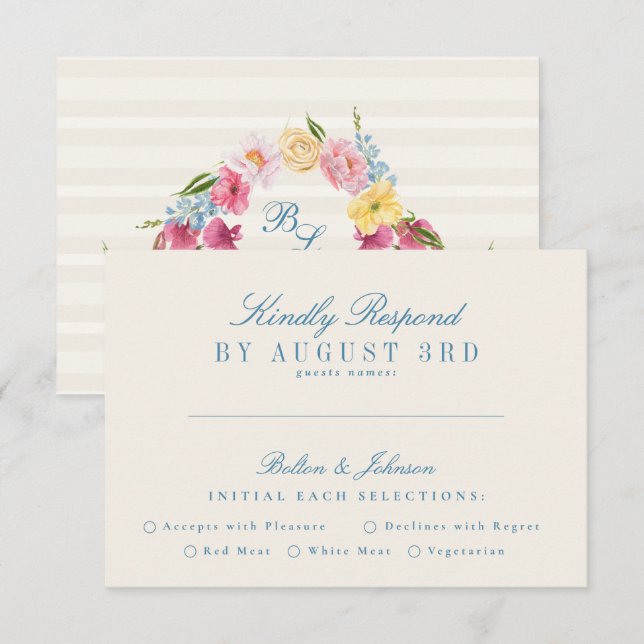 Cartão RSVP Buquê Floral do Monograma Azul francês (Frente/Verso)