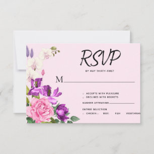 Cartão RSVP Buquê Romântico de Flor Violeta e Negrito Rosa
