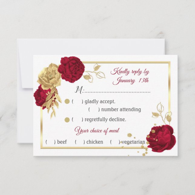Cartão RSVP burgundi e flores douradas escolha de refeição geo (Frente)