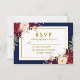 Cartão RSVP Burgundy Blue Watercolor Floral Casamento Floral R