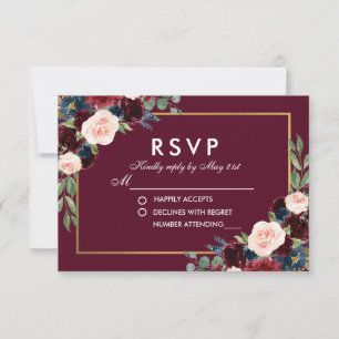 Cartão RSVP Burgundy Blue Watercolor Floral Dourado Casamento 