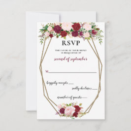 Cartão RSVP Burgundy Blush Dourado Floral Monograma Casamento 