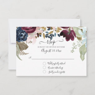 Cartão RSVP Burgundy Blush Floral Navy Elegante Casamento Folh