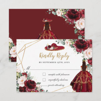 Cartão RSVP Burgundy Blush Floral Quinceañera Charro Hat