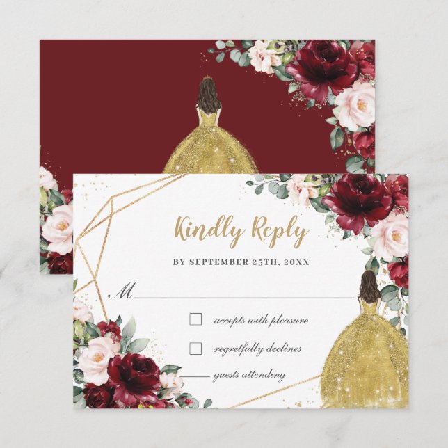Cartão RSVP Burgundy Blush Floral Quinceañera Dourada Princesa (Frente/Verso)