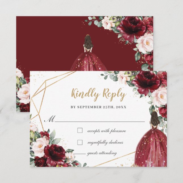 Cartão RSVP Burgundy Blush Floral Quinceañera Princesa Respost (Frente/Verso)