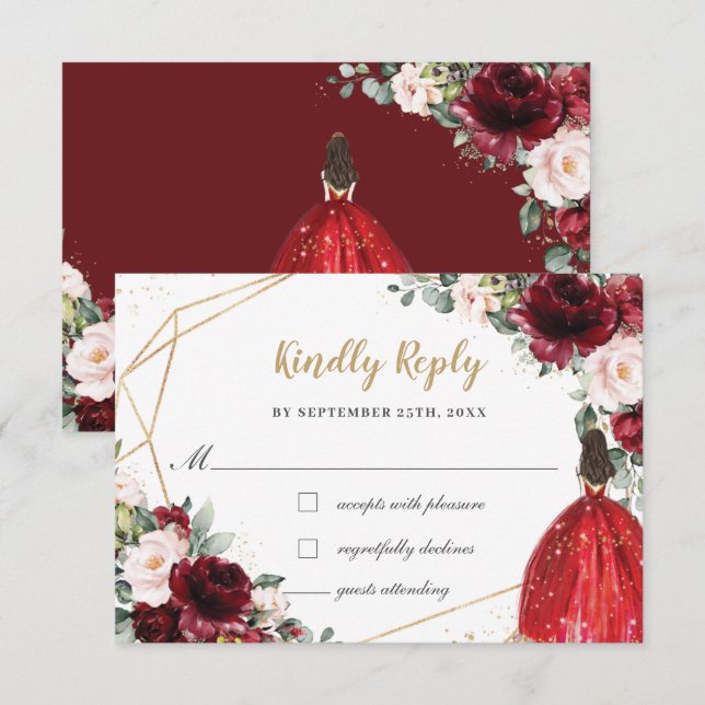 Cartão RSVP Burgundy Blush Floral Quinceañera Princesa Respost (Frente/Verso)