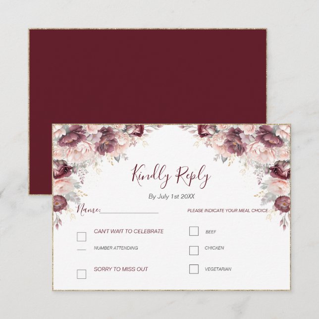 Cartão RSVP Burgundy Blush Peony e Casamento de Rosas (Frente/Verso)