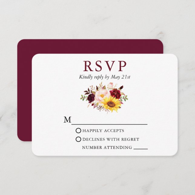 Cartão RSVP Burgundy De Casamento Floral Mistura De Aquarelas (Frente/Verso)