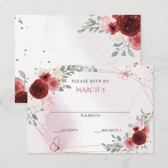 Cartão RSVP Burgundy Dourado Floral Borboletas Quinceanera  (Frente/Verso)