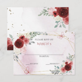 Cartão RSVP Burgundy Dourado Floral Borboletas Quinceanera 