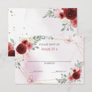 Cartão RSVP Burgundy Dourado Floral Borboletas Quinceanera 