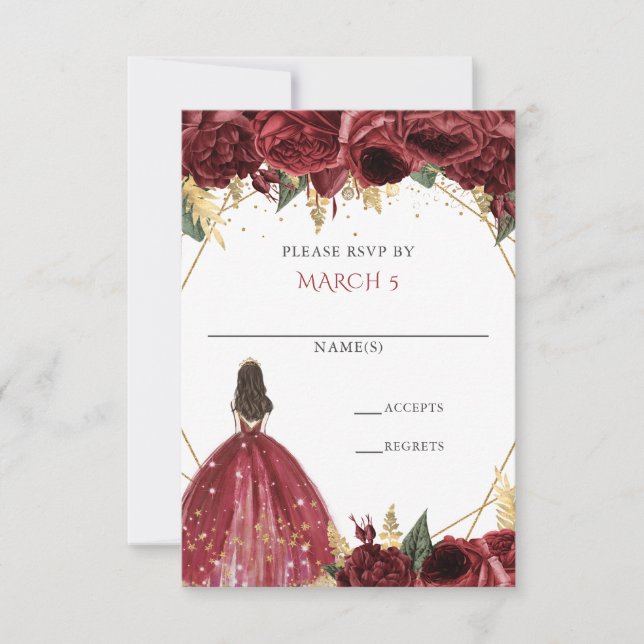 Cartão RSVP Burgundy Dourado Floral Princesa Quinceanera (Frente)