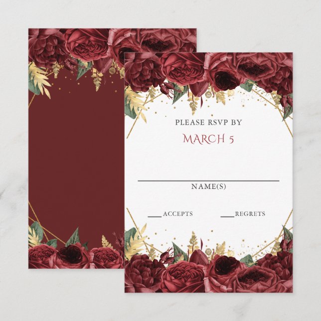 Cartão RSVP Burgundy Dourado Floral Quinceanera  (Frente/Verso)