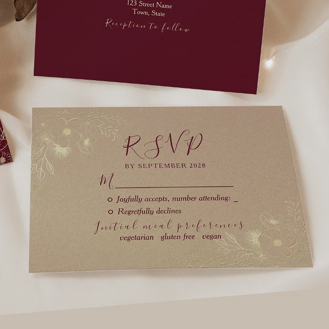 Cartão RSVP Burgundy e Dourada Casamento Floral (Criador carregado)