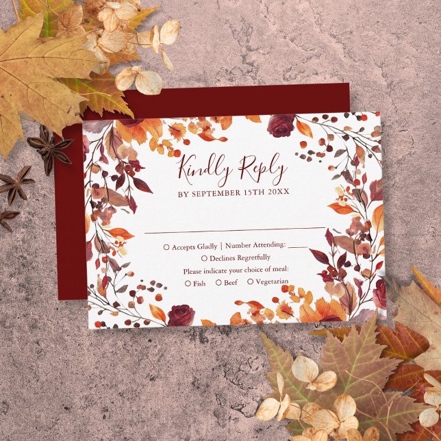 Cartão RSVP Burgundy Fall Autumn Deixa Casamento Floral (Burgundy Fall Autumn Leaves Floral Wedding RSVP Card)