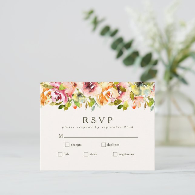 Cartão RSVP Burgundy Floral Botânica Casada Escolha da Refeiçã (Em pé/Frente)